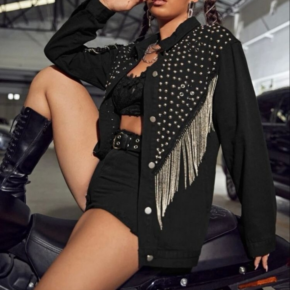 STUNNING BLACK WESTERN BLING TASSEL SHIRT/ JEAN JACKET